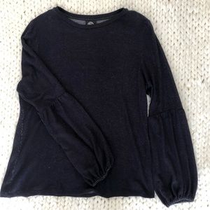 Navy blue denim look long sleeve scoop knit top with balloon sleeve BOBEAU M
